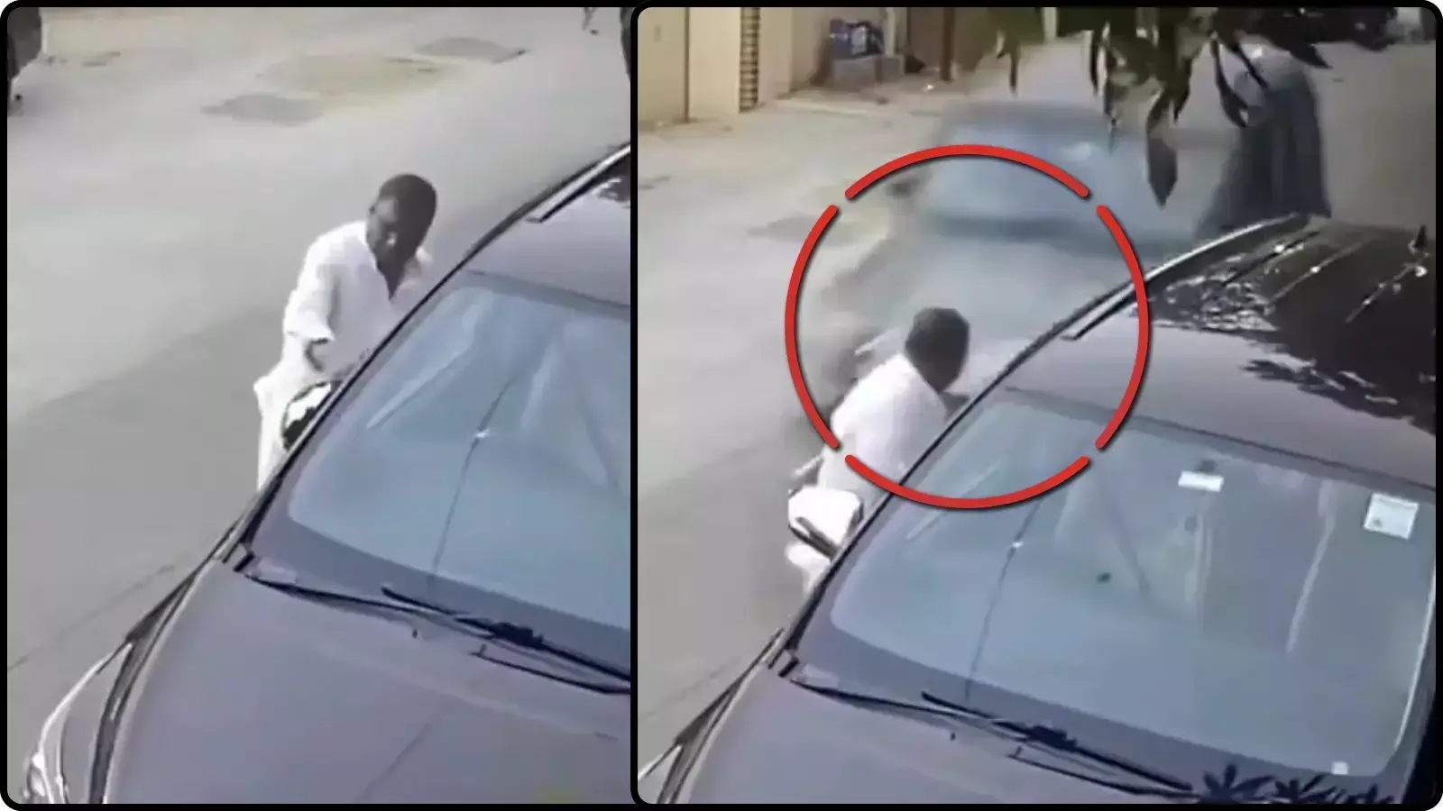 सीसीटीवी कैमरे के फुटेज में एक पुरुष सड़क पर अपनी कार के पास खड़ा हुआ। सीसीटीवी कैमरे के फुटेज में एक पुरुष सड़क पर अपनी कार के पास खड़ा हुआ।