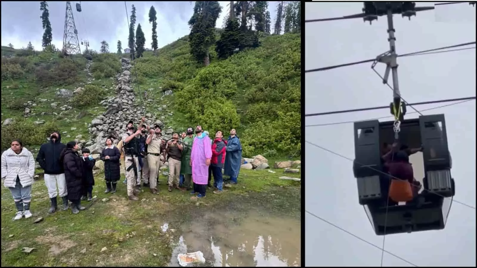 गुलमर्ग के पहाड़ी इलाके में हवा में लटकी हुई केबल कार और जमीन पर खड़े सुरक्षा बल के जवान। गुलमर्ग के पहाड़ी इलाके में हवा में लटकी हुई केबल कार और जमीन पर खड़े सुरक्षा बल के जवान।