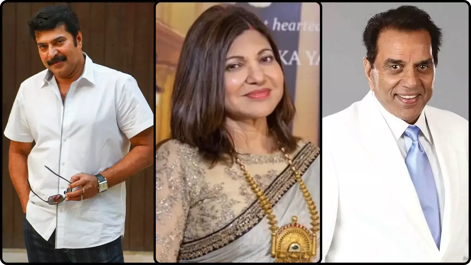 तीन अलग-अलग तस्वीरों के कोलाज में अभिनेता ममूटी, गायिका अलका याज्ञिक और अभिनेता धर्मेंद्र पद्म पुरस्कार के संदर्भ में। तीन अलग-अलग तस्वीरों के कोलाज में अभिनेता ममूटी, गायिका अलका याज्ञिक और अभिनेता धर्मेंद्र पद्म पुरस्कार के संदर्भ में।