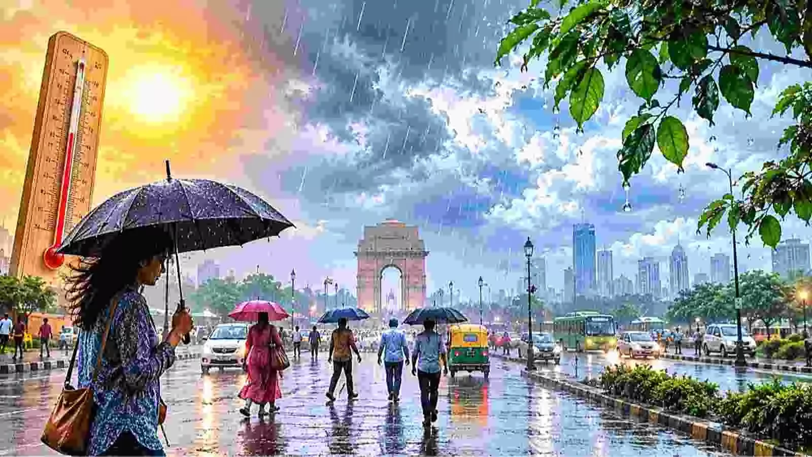 बारिश और छाए बादलों के बीच इंडिया गेट दिल्ली की सड़क पर छतरी लेकर चलते लोग। बारिश और छाए बादलों के बीच इंडिया गेट दिल्ली की सड़क पर छतरी लेकर चलते लोग।