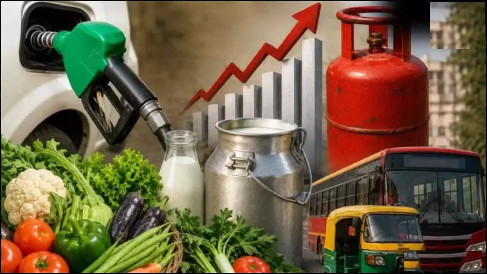 भारत में पेट्रोल पंप नोजल, रसोई गैस सिलेंडर, दूध के डिब्बे और सब्जियों के साथ मूल्य वृद्धि दर्शाता ग्राफ।