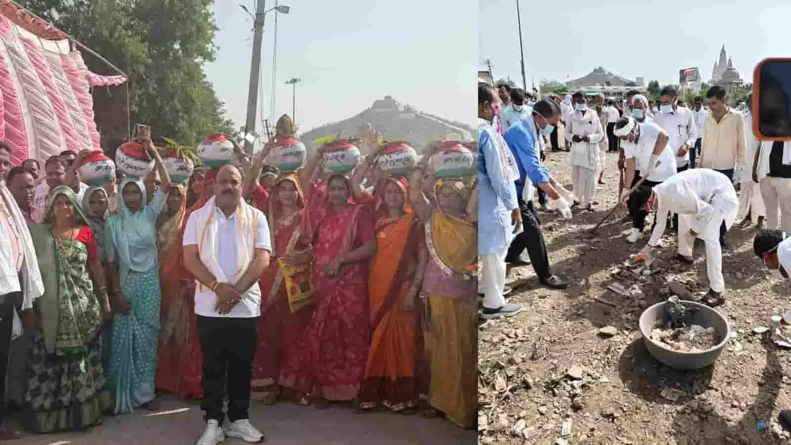 चौथ का बरवाड़ा में वंदे गंगा जल संरक्षण अभियान के दौरान कलश उठाए महिलाएं और श्रमदान करते विधायक जितेंद्र गोठवाल। चौथ का बरवाड़ा में वंदे गंगा जल संरक्षण अभियान के दौरान कलश उठाए महिलाएं और श्रमदान करते विधायक जितेंद्र गोठवाल।