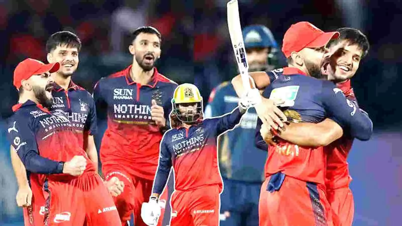 क्रिकेट मैदान पर जीत की खुशी व्यक्त करते रॉयल चैलेंजर्स बेंगलुरु के खिलाड़ी धर्मशाला में आईपीएल मैच के दौरान। क्रिकेट मैदान पर जीत की खुशी व्यक्त करते रॉयल चैलेंजर्स बेंगलुरु के खिलाड़ी धर्मशाला में आईपीएल मैच के दौरान।