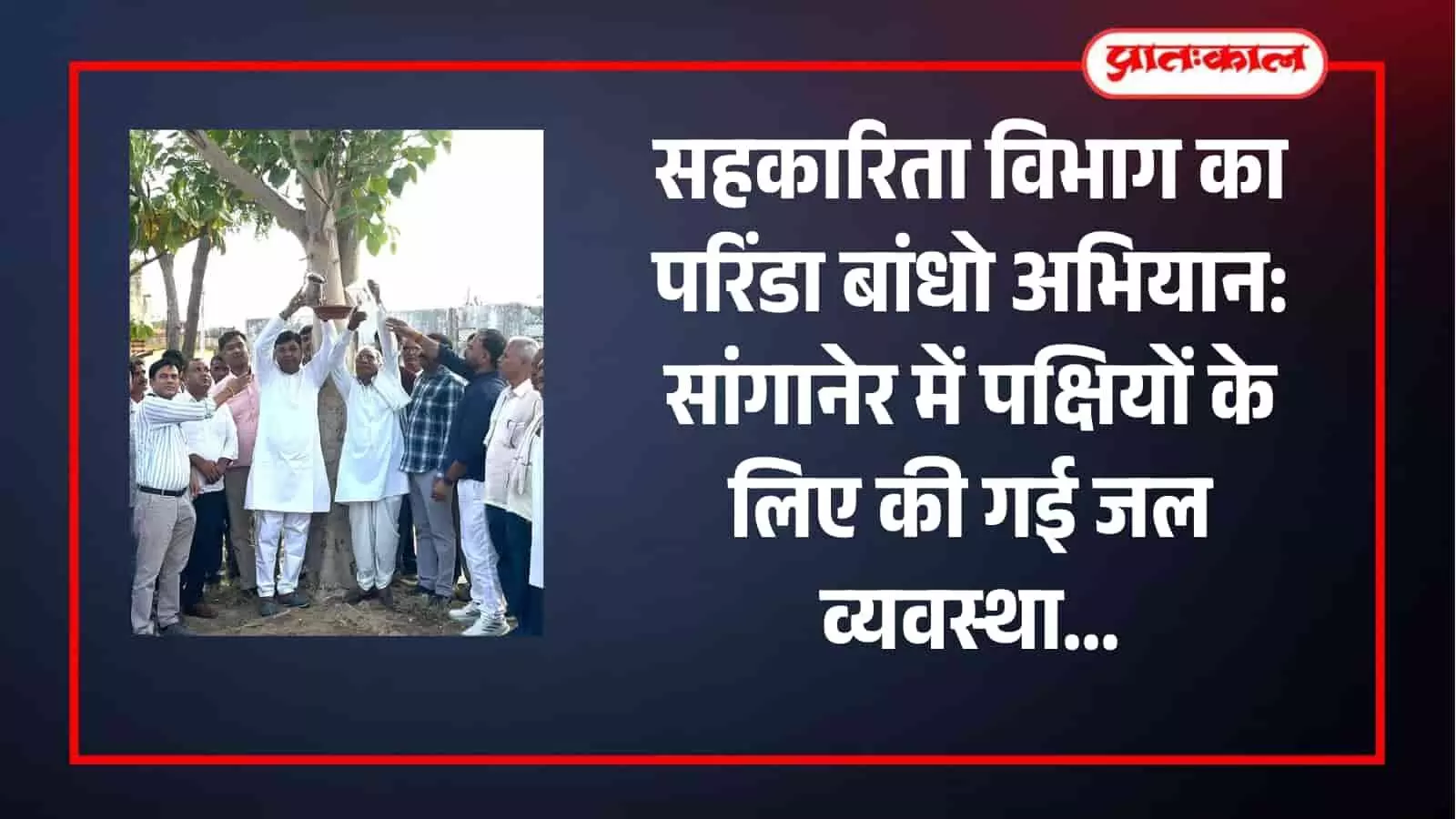 सहकारिता विभाग के पदाधिकारी भीषण गर्मी में पक्षियों के लिए परिंडे बांधते हुए।