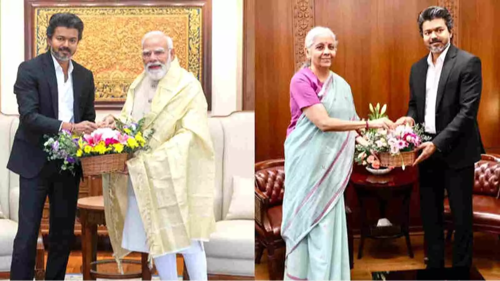 पीएम मोदी और वित्त मंत्री निर्मला सीतारमण के साथ प्रशासनिक बैठक में पुष्पगुच्छ भेंट करते मुख्यमंत्री सी. जोसेफ विजय।