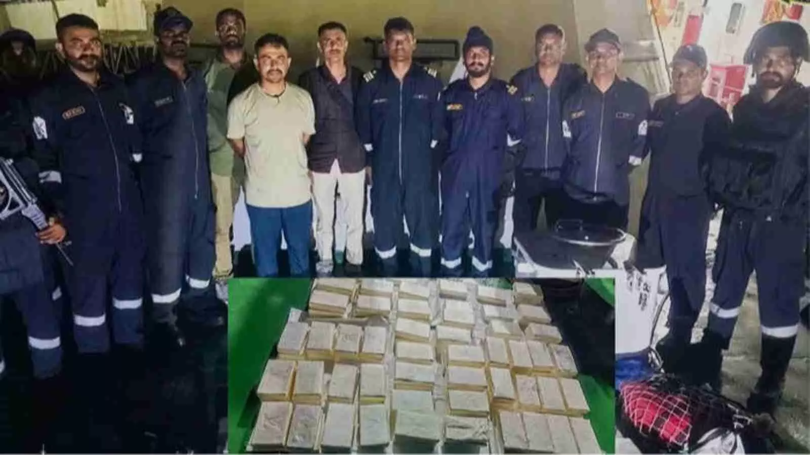 बंदरगाह पर रखे ड्रग्स के पैकेटों के पीछे खड़े सुरक्षा बल के जवान मुंद्रा में जांच के संदर्भ में दिख रहे हैं।
