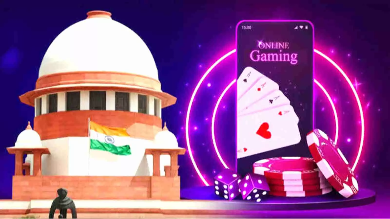 उच्चतम न्यायालय भवन और मोबाइल पर गेमिंग पासे का ग्राफिक चित्र कर विलेख के संदर्भ में दिख रहा है। उच्चतम न्यायालय भवन और मोबाइल पर गेमिंग पासे का ग्राफिक चित्र कर विलेख के संदर्भ में दिख रहा है।