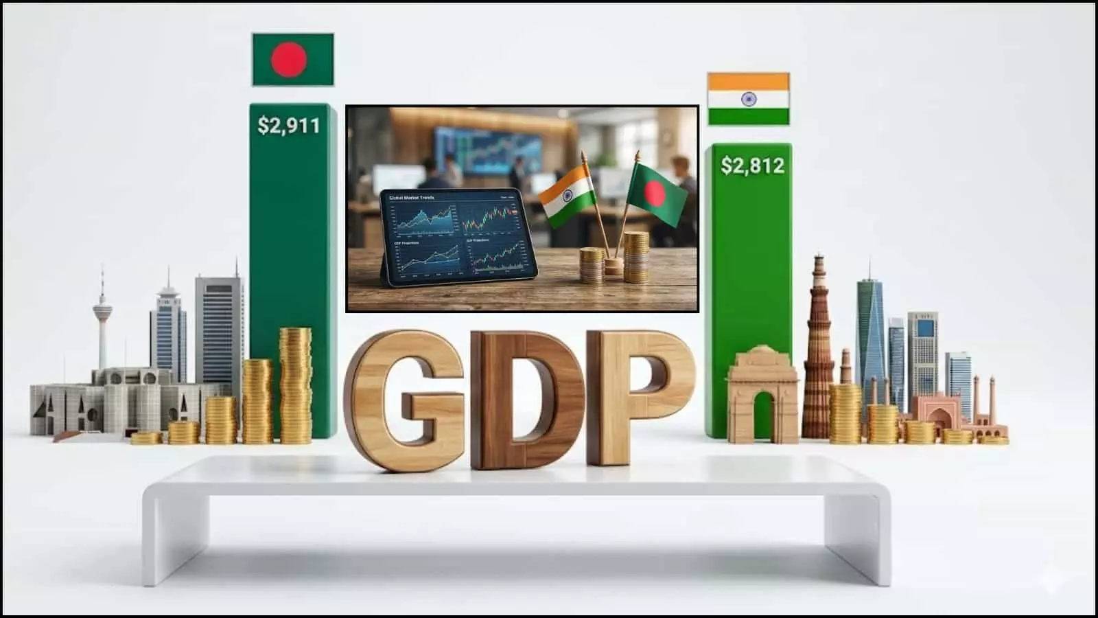 भारत और बांग्लादेश के राष्ट्रीय ध्वज और आर्थिक विकास के तुलनात्मक आंकड़े ग्राफिक्स माध्यम से दिखाई दे रहे हैं।