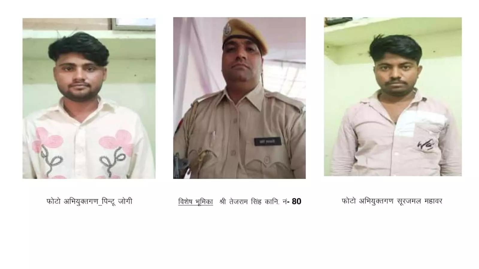 सवाई माधोपुर में साइबर ठगी के आरोप में गिरफ्तार दो आरोपी और पुलिस कांस्टेबल की तस्वीर।