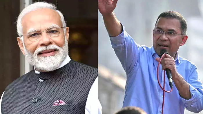 प्रधानमंत्री नरेंद्र मोदी और बांग्लादेश के प्रधानमंत्री तारिक रहमान दो अलग चित्रों में भारत बांग्लादेश संबंधों के संदर्भ में