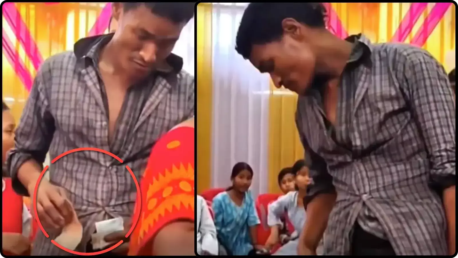 विवाह समारोह में चेक शर्ट पहने एक व्यक्ति जेब से शगुन के रुपये निकालता हुआ। विवाह समारोह में चेक शर्ट पहने एक व्यक्ति जेब से शगुन के रुपये निकालता हुआ।