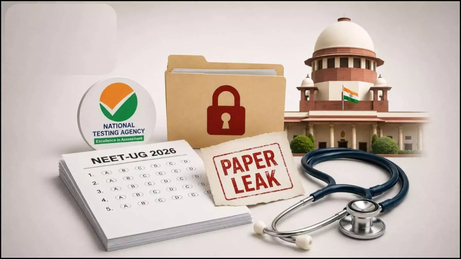 एनटीए लोगो, नीट परीक्षा शीट, स्टेथस्कोप और एक सुरक्षित फोल्डर सुप्रीम कोर्ट भवन के सामने टेबल पर दिख रहा है।