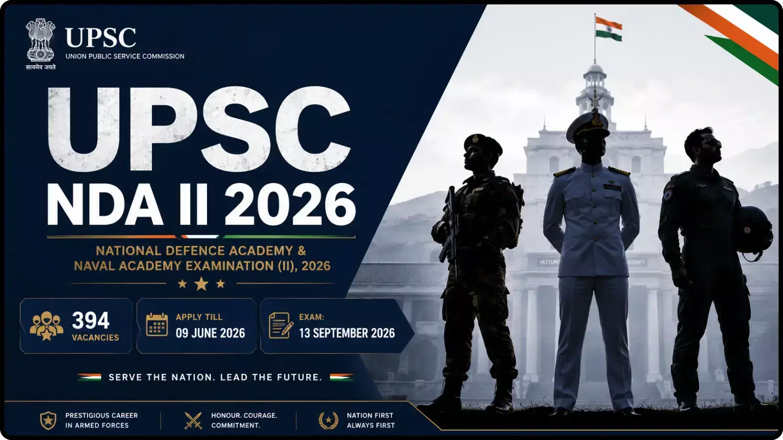 यूपीएससी एनडीए II 2026 परीक्षा तिथियों और रिक्तियों की संख्या दर्शाने वाला इंफोग्राफिक पोस्टर।