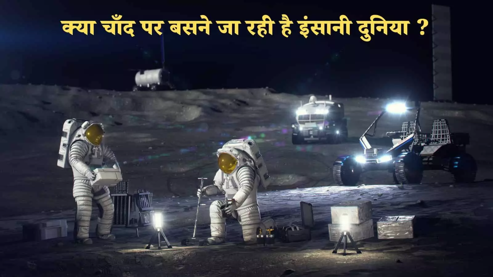 अंतरिक्ष यात्री और चंद्र वाहन दिखाई दे रहे हैं चांद पर नासा की स्थायी बेस योजना के संदर्भ में।