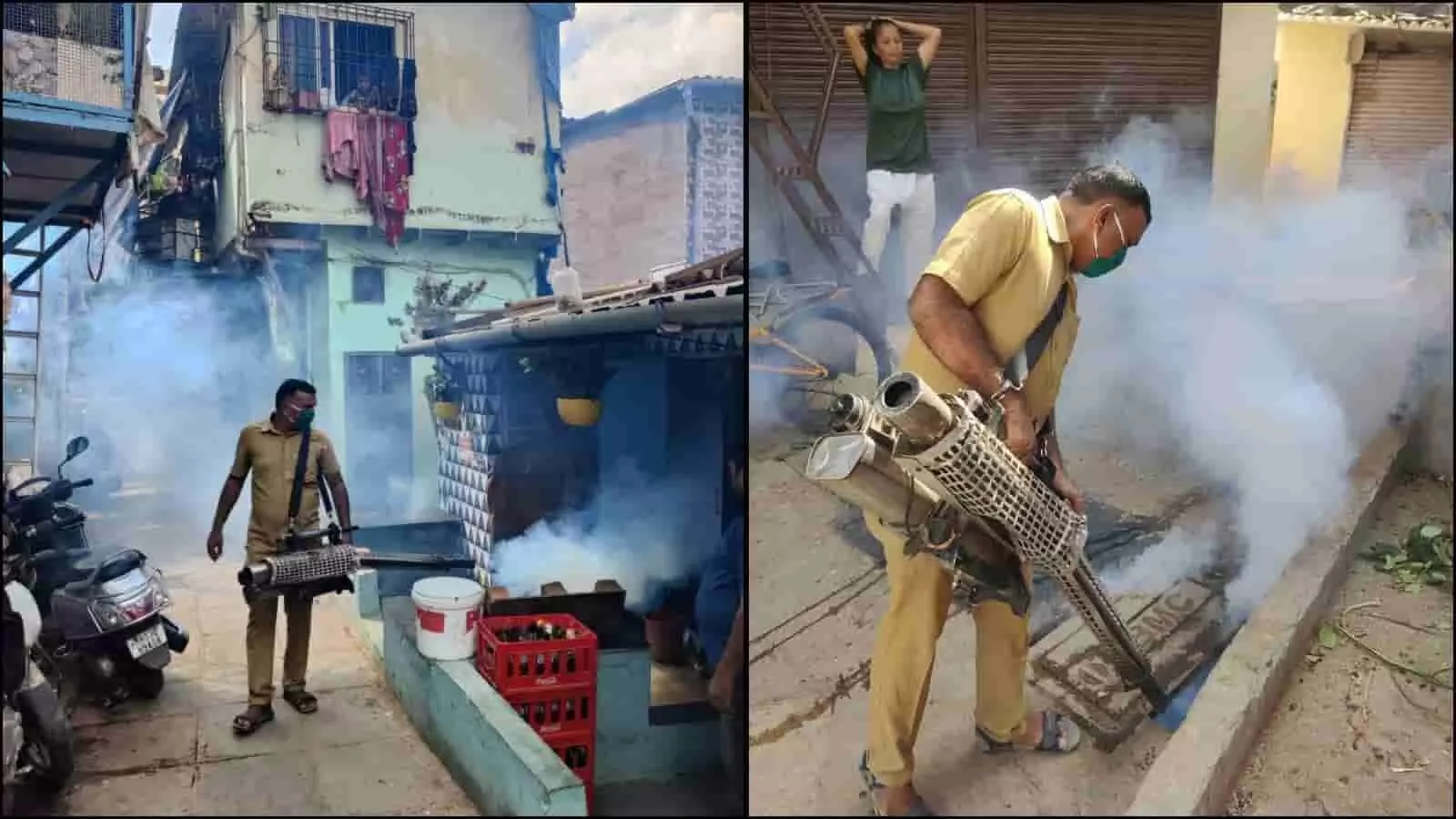 बीएमसी कर्मचारी मुंबई में मच्छरों के लार्वा को नष्ट करने के लिए फॉगिंग कर रहा है। बीएमसी कर्मचारी मुंबई में मच्छरों के लार्वा को नष्ट करने के लिए फॉगिंग कर रहा है।