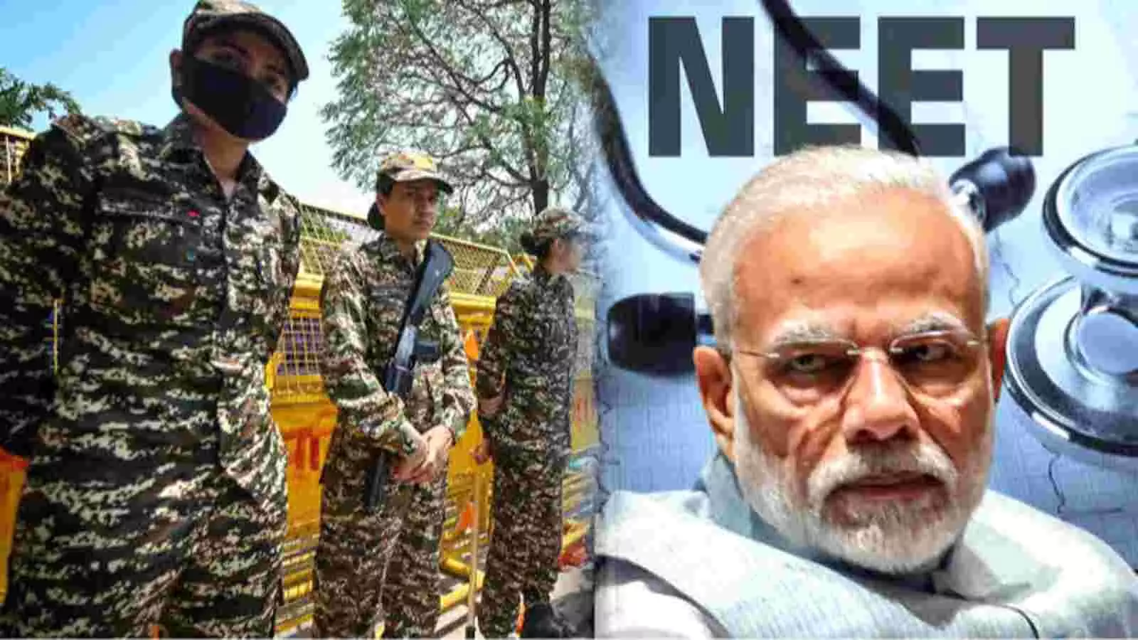 सुरक्षा बलों के जवान और प्रधानमंत्री नरेंद्र मोदी नीट परीक्षा की सुरक्षा व्यवस्था के संदर्भ में दिख रहे हैं।