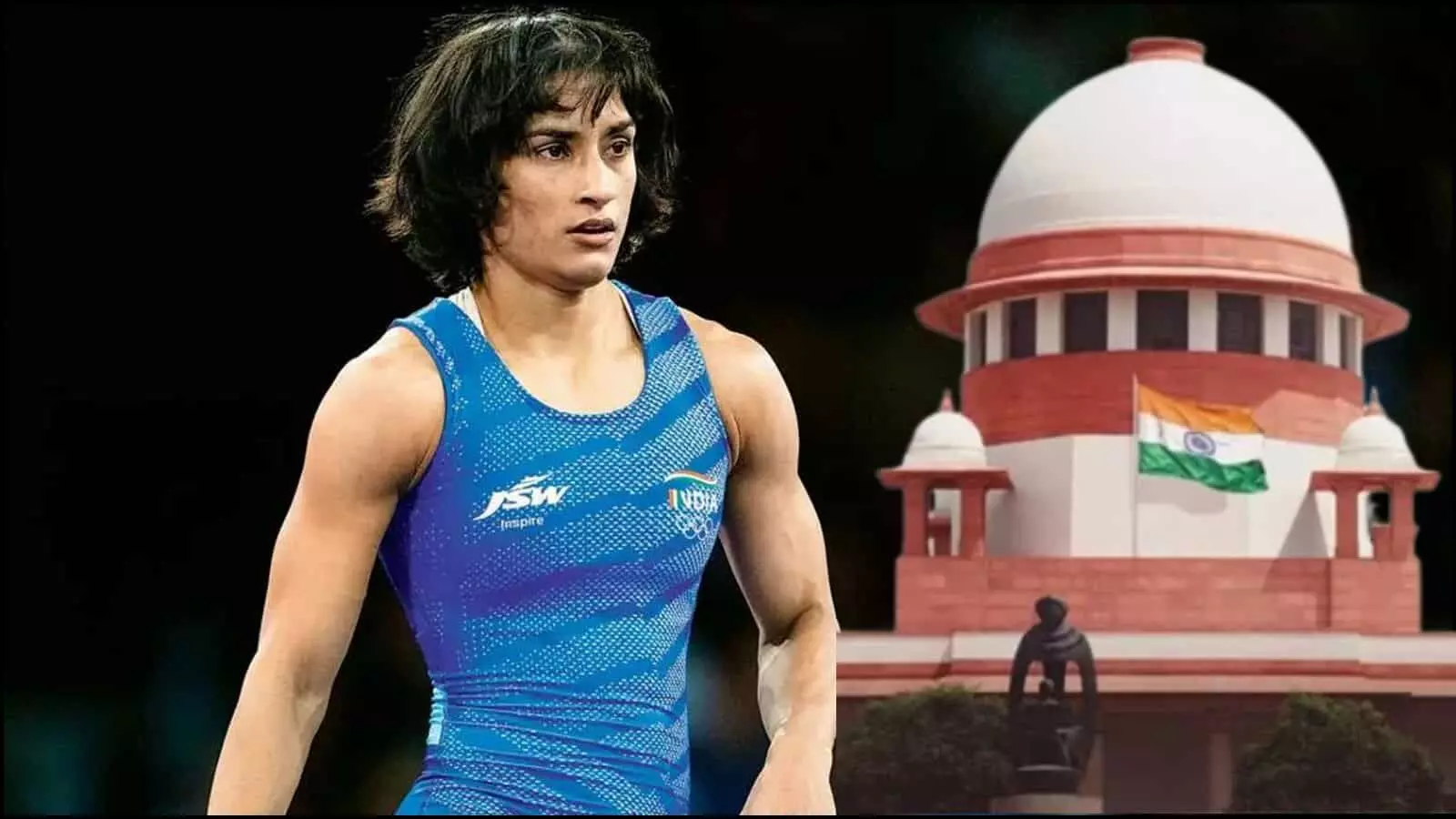 कुश्ती कॉस्ट्यूम पहने रेसलर विनेश फोगाट और सुप्रीम कोर्ट भवन की तस्वीर एशियन गेम्स ट्रायल विवाद संदर्भ में।