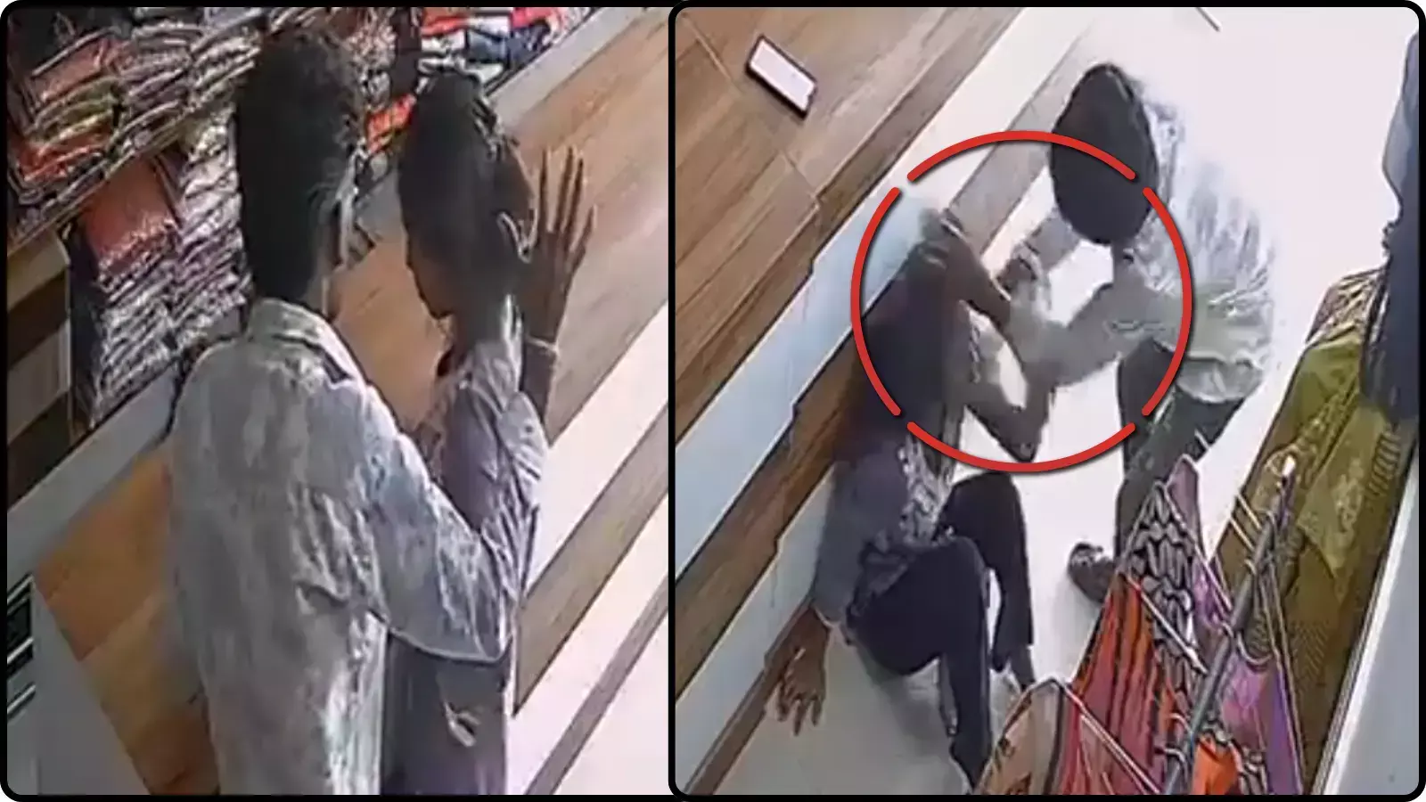 कपड़ों की दुकान के अंदर युवक और युवती के बीच हो रही मारपीट के सीसीटीवी फुटेज का दो तस्वीरों वाला कोलाज।