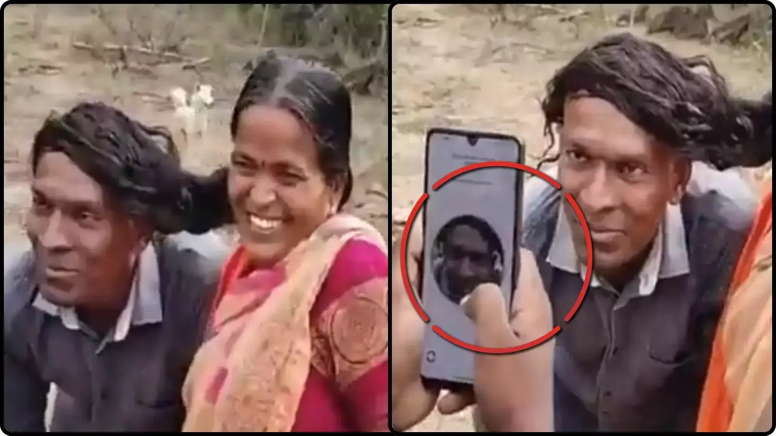 मोबाइल स्क्रीन पर चेहरे की पहचान प्रणाली का उपयोग करते हुए दो ग्रामीण निवासियों के वीडियो स्क्रीनशॉट का कोलाज। मोबाइल स्क्रीन पर चेहरे की पहचान प्रणाली का उपयोग करते हुए दो ग्रामीण निवासियों के वीडियो स्क्रीनशॉट का कोलाज।