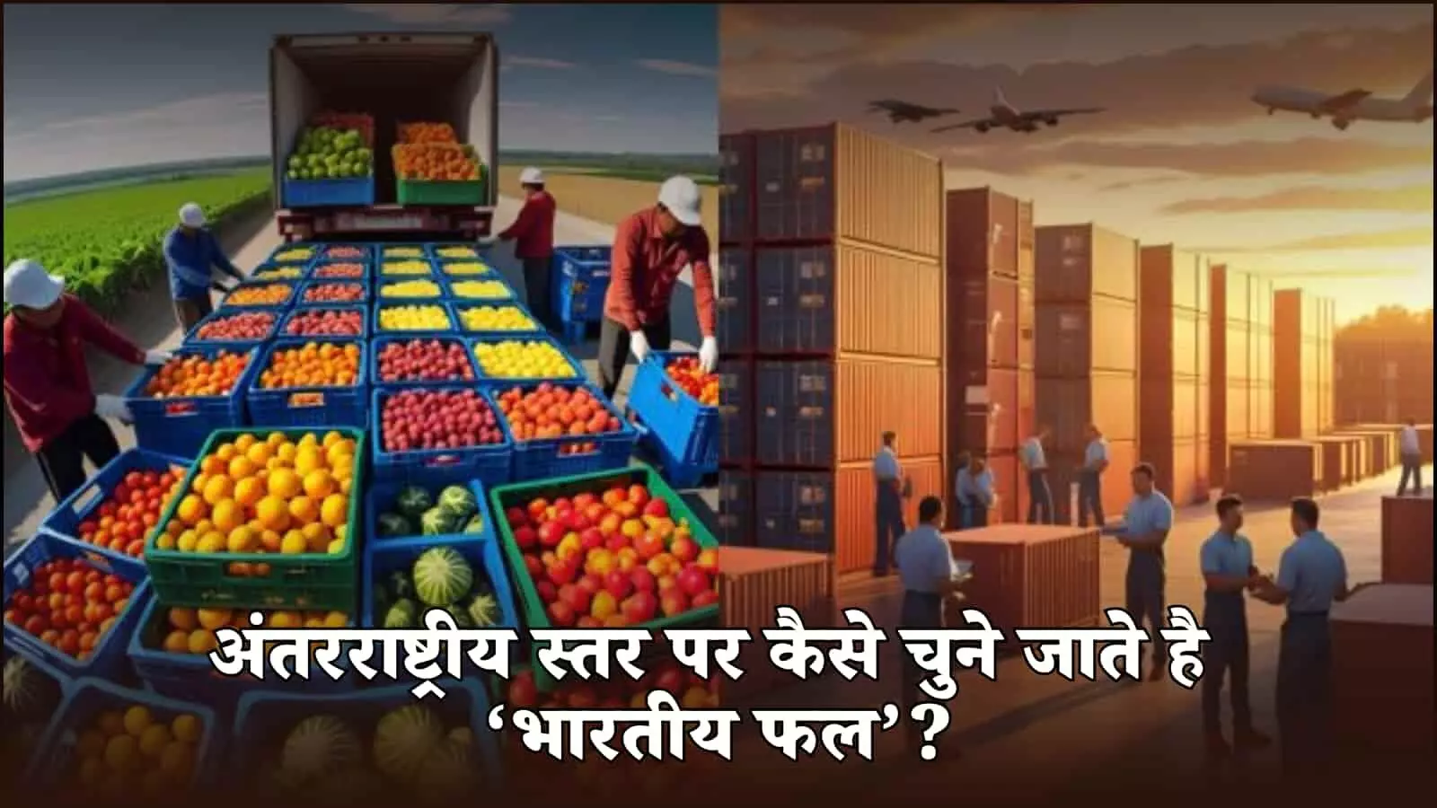 कंटेनर और विमान के पास फल लोड करते कर्मचारी अंतरराष्ट्रीय स्तर पर फल निर्यात प्रक्रिया के संदर्भ में दिख रहे हैं।