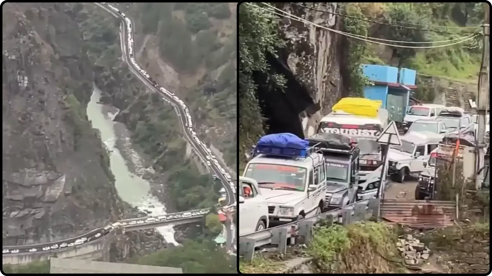 संकरी पहाड़ी सड़क और पुल पर लगी वाहनों की लंबी कतार का कोलाज दृश्य। संकरी पहाड़ी सड़क और पुल पर लगी वाहनों की लंबी कतार का कोलाज दृश्य।
