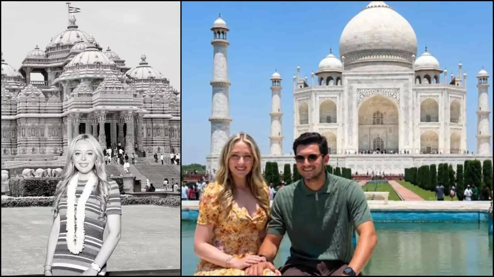 अक्षरधाम मंदिर और ताजमहल के सामने खड़े होकर तस्वीर खिंचवातीं टिफनी ट्रम्प अपनी भारत यात्रा के दौरान।
