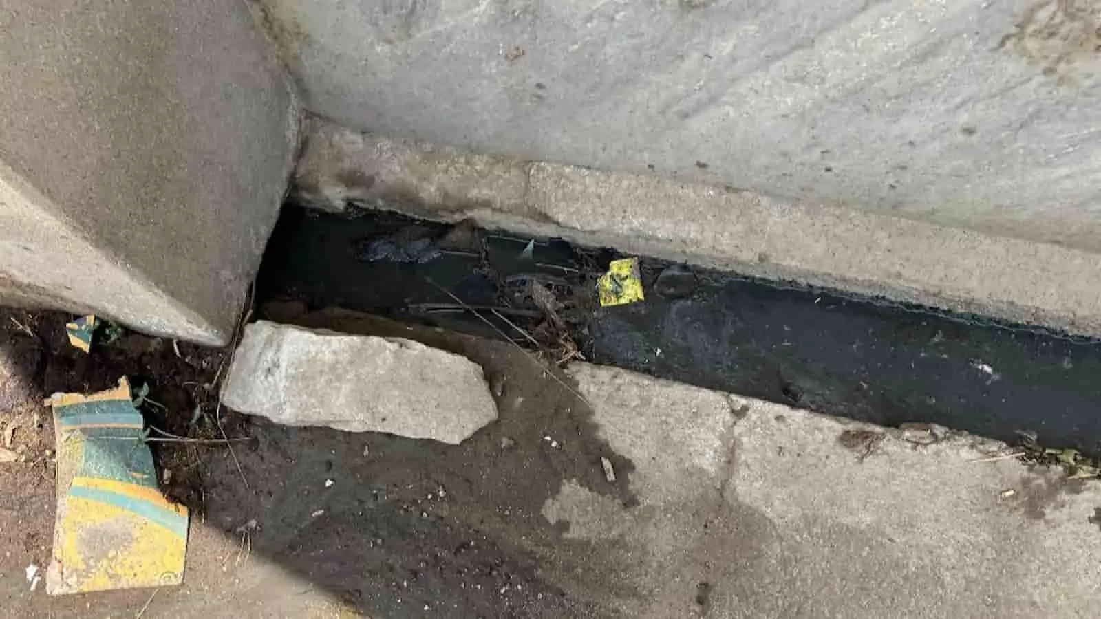 जसवंतपुरा गांव के जाट मोहल्ले में नाली के अंदर जमा काला गंदा पानी और कचरा दिख रहा है।