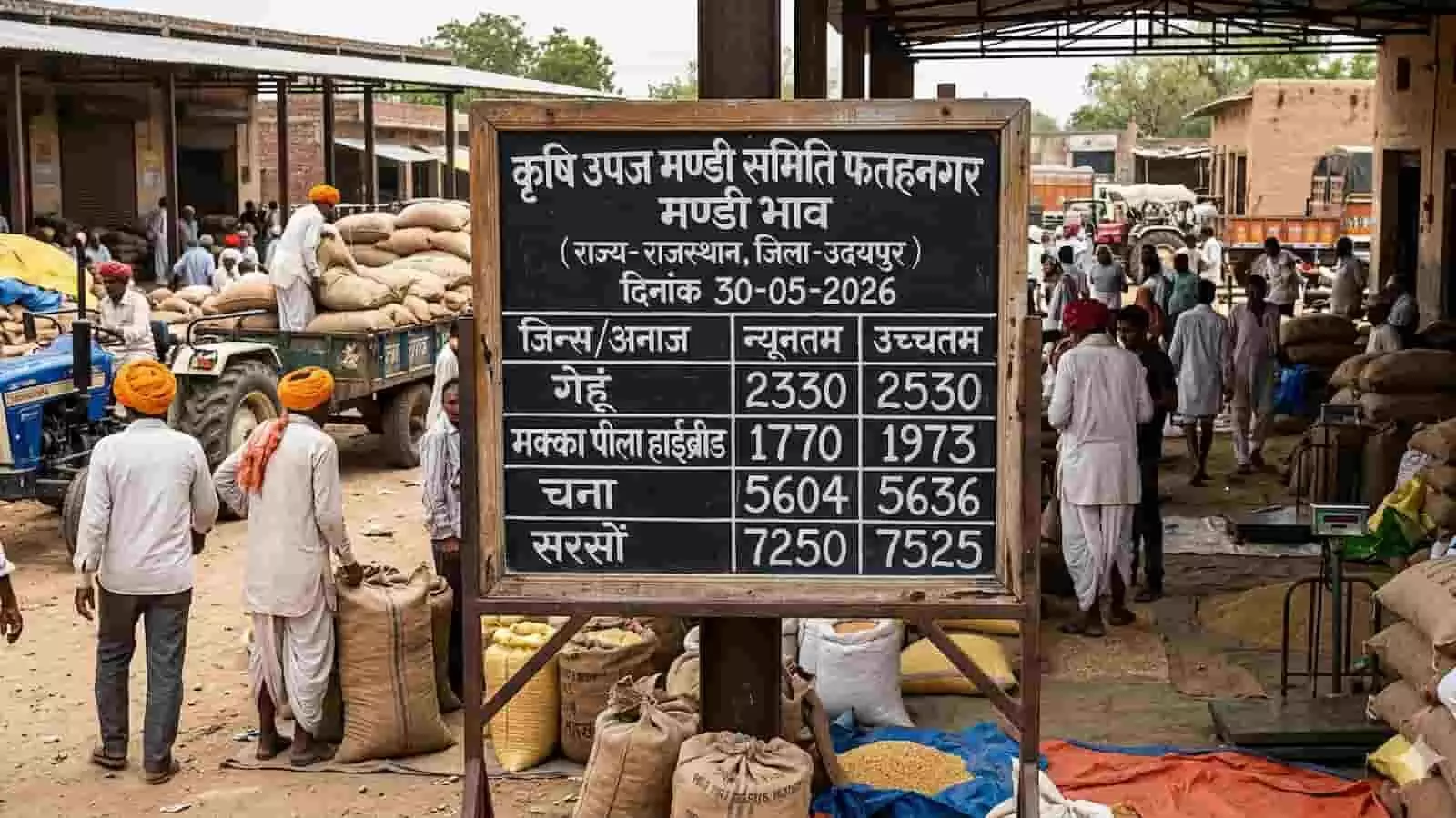 कृषि उपज मंडी समिति फतहनगर राजस्थान में अनाज की बोरियों के पास खड़े किसान और व्यापारी। Image generated by AI for illustrative purposes.