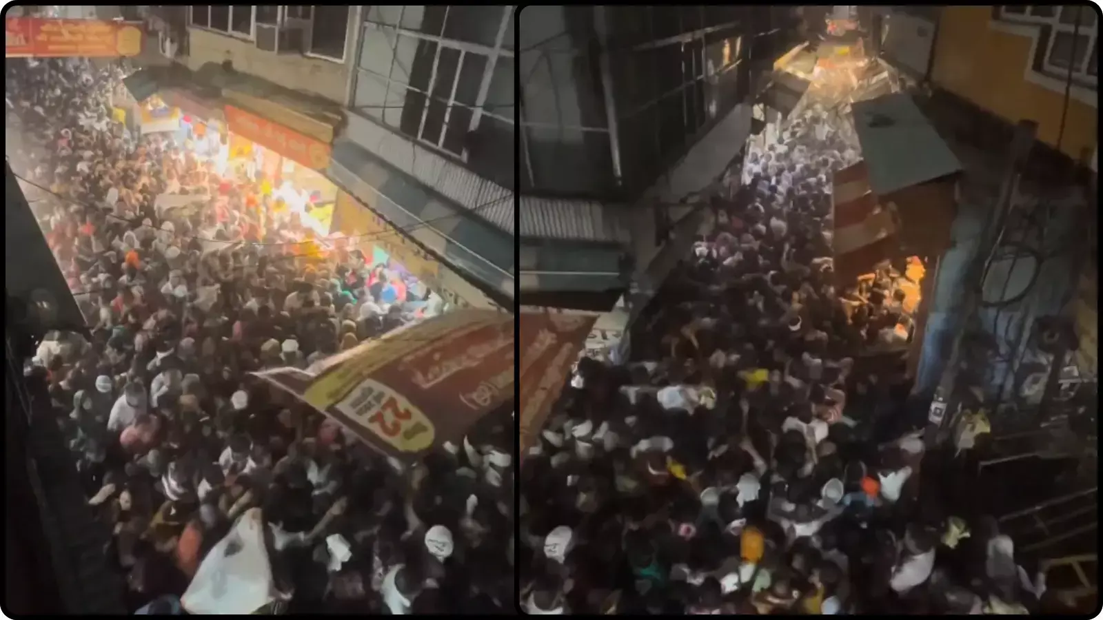 संकरी गलियों के ऊपर से लिए गए दो दृश्यों में भारी संख्या में खड़े श्रद्धालु। संकरी गलियों के ऊपर से लिए गए दो दृश्यों में भारी संख्या में खड़े श्रद्धालु।