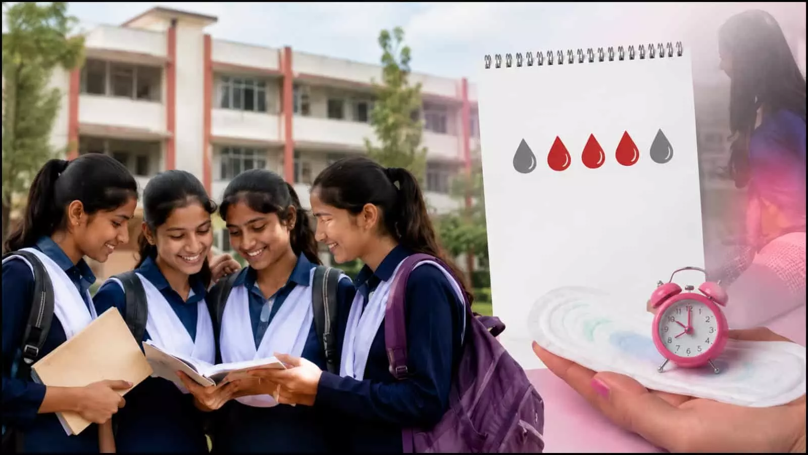 स्कूल यूनिफॉर्म में किताबें पढ़ती छात्राएं और मासिक धर्म चक्र का ग्राफिक्स केरल में नीतिगत बदलाव के संदर्भ में।