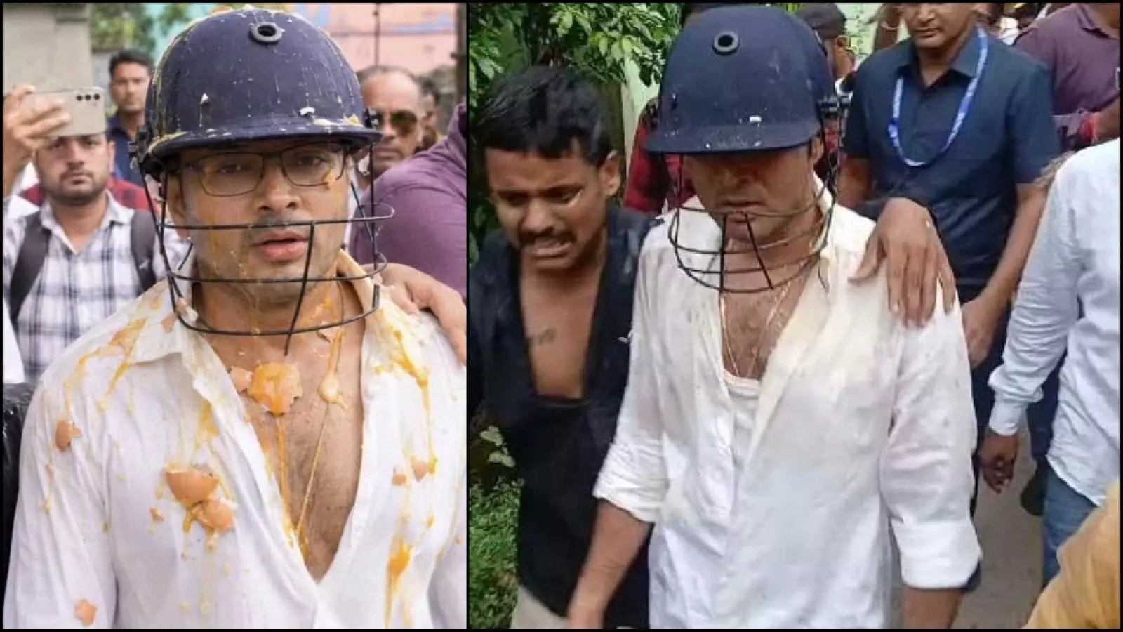 सिर पर सुरक्षा हेलमेट पहने और कपड़ों पर अंडा लगा नजर आ रहे राजनेता अभिषेक बनर्जी सोनारपुर में विरोध के बीच। सिर पर सुरक्षा हेलमेट पहने और कपड़ों पर अंडा लगा नजर आ रहे राजनेता अभिषेक बनर्जी सोनारपुर में विरोध के बीच।