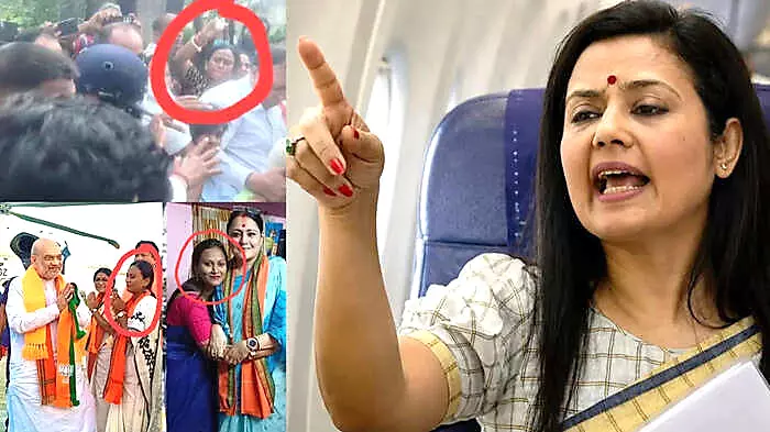 उंगली उठाकर बयान देती महुआ मोइत्रा और लाल घेरे में घिरी महिला सुष्मिता दत्ता कोलकाता में दृश्यमान हैं। उंगली उठाकर बयान देती महुआ मोइत्रा और लाल घेरे में घिरी महिला सुष्मिता दत्ता कोलकाता में दृश्यमान हैं।