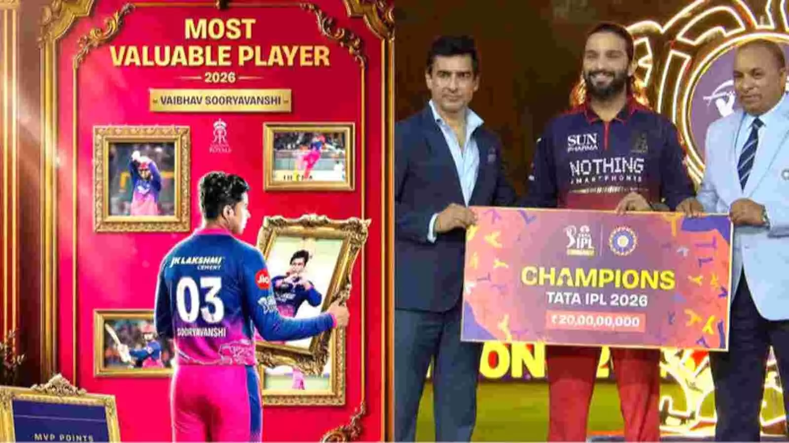 स्टेज पर टाटा आईपीएल 2026 चैंपियंस को बीस करोड़ रुपये का चेक प्रस्तुत करने का दृश्य। स्टेज पर टाटा आईपीएल 2026 चैंपियंस को बीस करोड़ रुपये का चेक प्रस्तुत करने का दृश्य।