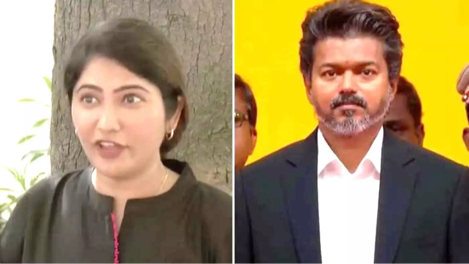 बाईं ओर बोलती हुई अभिनेत्री जूली और दाईं ओर काले कोट में खड़े मुख्यमंत्री थलपति विजय| बाईं ओर बोलती हुई अभिनेत्री जूली और दाईं ओर काले कोट में खड़े मुख्यमंत्री थलपति विजय|