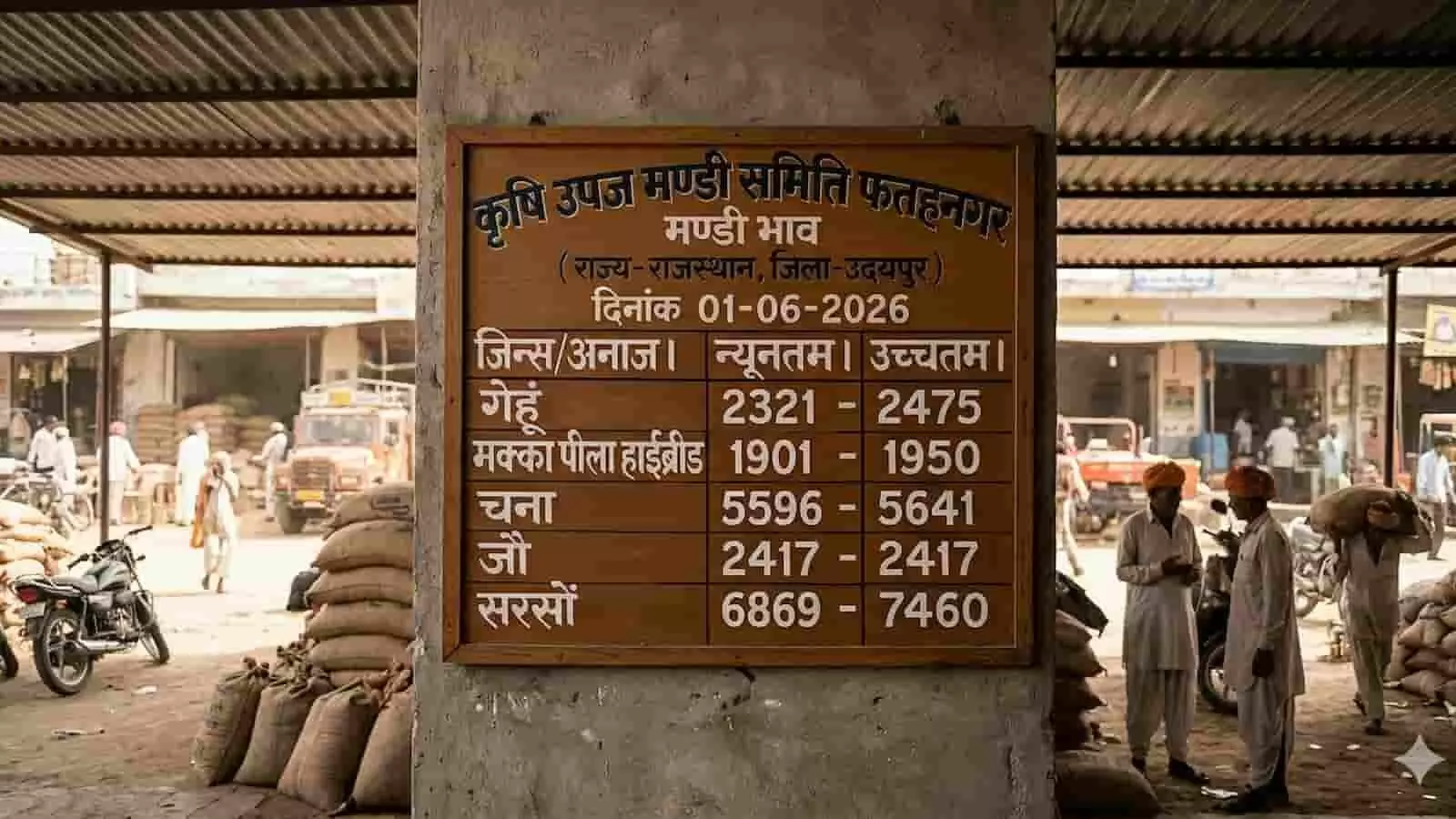 फतहनगर मंडी भाव का सूचना बोर्ड जिसमें उदयपुर की कृषि उपज मंडी में फसलों के दाम प्रदर्शित हैं। फतहनगर मंडी भाव का सूचना बोर्ड जिसमें उदयपुर की कृषि उपज मंडी में फसलों के दाम प्रदर्शित हैं।