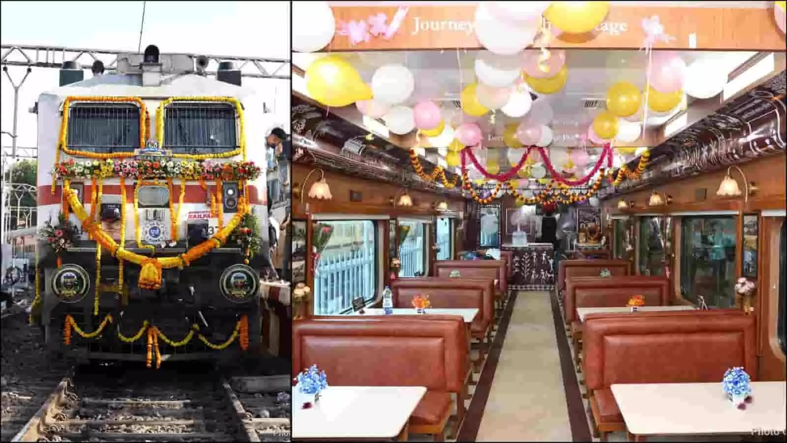 फूलों से सजी ट्रेन का इंजन और गुब्बारों से सजा डाइनिंग कार का आंतरिक हिस्सा पुणे रेलवे स्टेशन पर दिख रहा है। फूलों से सजी ट्रेन का इंजन और गुब्बारों से सजा डाइनिंग कार का आंतरिक हिस्सा पुणे रेलवे स्टेशन पर दिख रहा है।