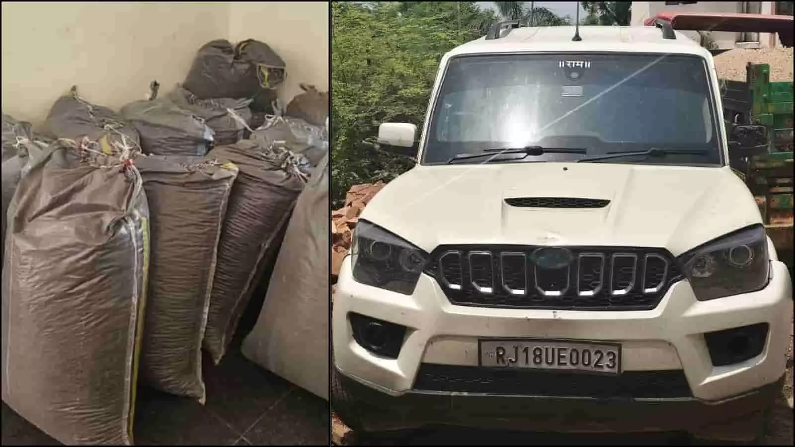 भीलवाड़ा के जहाजपुर में जब्त अफीम डोडा चूरा के कट्टे और तस्करी में प्रयुक्त सफेद स्कॉर्पियो गाड़ी दिख रही है। भीलवाड़ा के जहाजपुर में जब्त अफीम डोडा चूरा के कट्टे और तस्करी में प्रयुक्त सफेद स्कॉर्पियो गाड़ी दिख रही है।