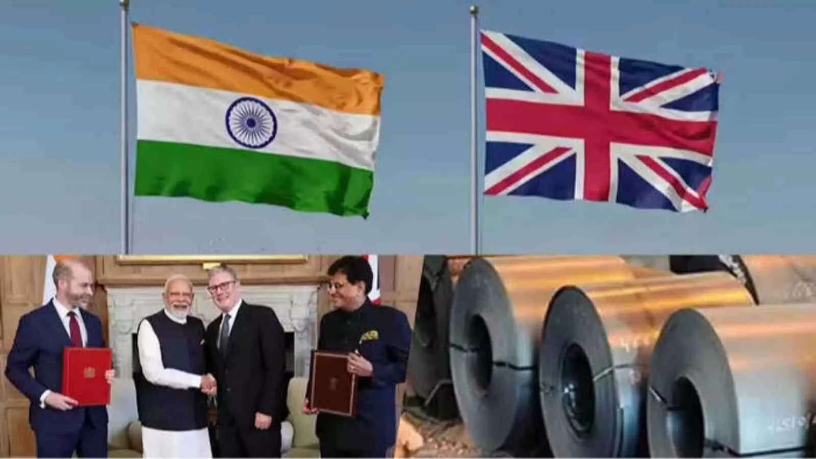 भारत और यूनाइटेड किंगडम के राष्ट्रीय ध्वज और दोनों देशों के नेताओं की द्विपक्षीय व्यापार समझौते की फाइलें।
