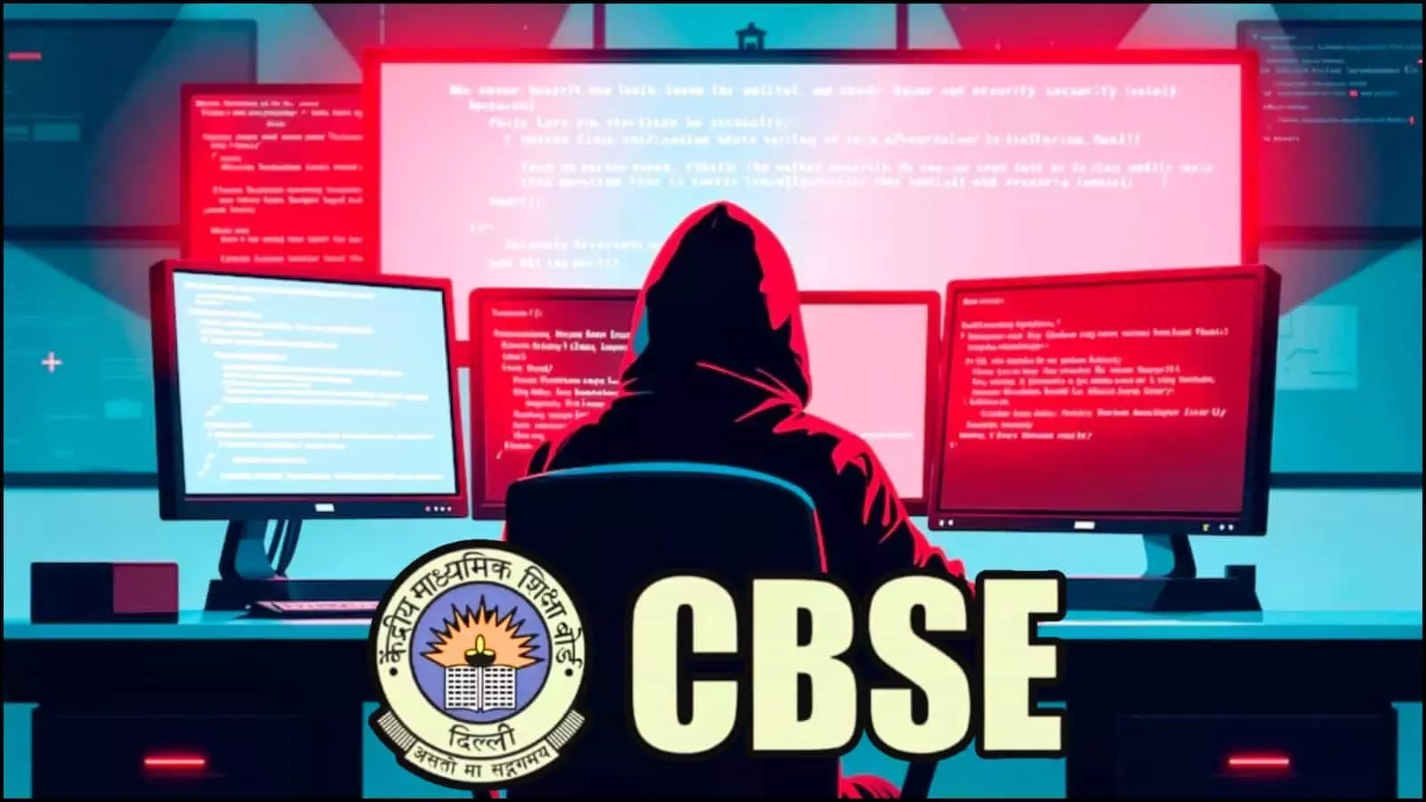 कंप्यूटर स्क्रीन के सामने बैठा हुडी पहने हैकर का ग्राफिक सीबीएसई लोगो के साथ डिजिटल खतरे के संदर्भ में कंप्यूटर स्क्रीन के सामने बैठा हुडी पहने हैकर का ग्राफिक सीबीएसई लोगो के साथ डिजिटल खतरे के संदर्भ में