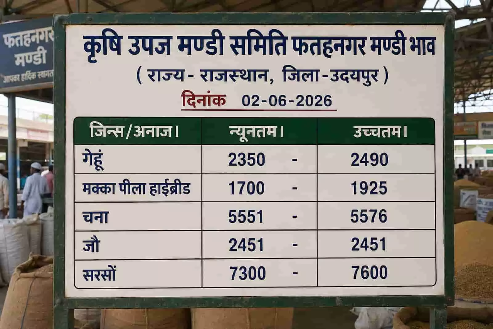 फतहनगर मंडी में गेहूं, मक्का और सरसों के दैनिक भावों का बोर्ड प्रदर्शित है। फतहनगर मंडी में गेहूं, मक्का और सरसों के दैनिक भावों का बोर्ड प्रदर्शित है।
