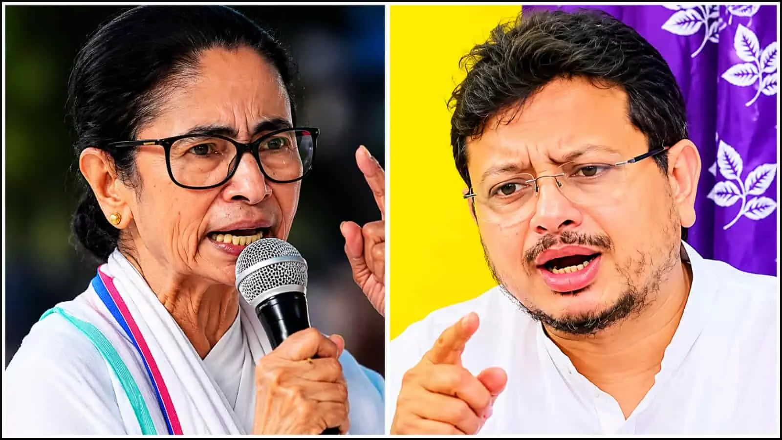 प्रेस कॉन्फ्रेंस के दौरान बोलते हुए मुख्यमंत्री ममता बनर्जी और विधायक ऋतब्रत बनर्जी कोलकाता में टीएमसी पार्टी विभाजन के संदर्भ में दिख रहे हैं।