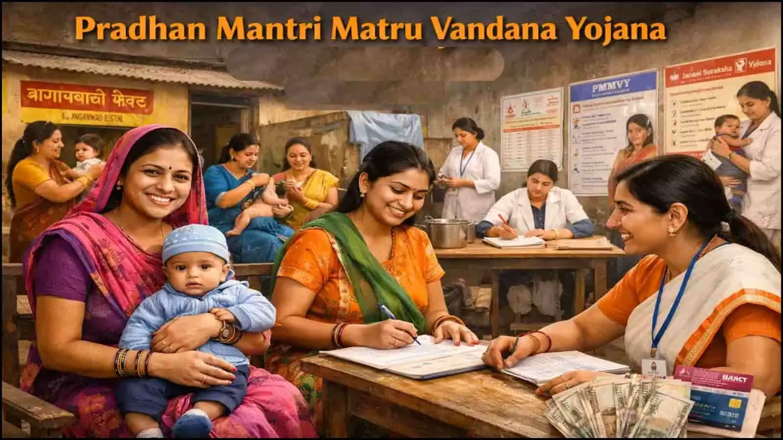 आंगनबाड़ी केंद्र में बैठीं महिलाएं और स्वास्थ्य कार्यकर्ता प्रधानमंत्री मातृ वंदना योजना का फॉर्म भरते हुए।