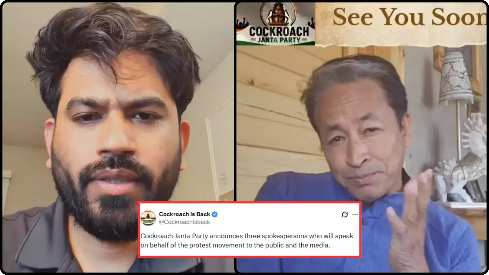 वीडियो स्क्रीनशॉट में दिख रहे अभिषेक दीपके और सोनम वांगचुक दिल्ली आंदोलन के संदर्भ में।