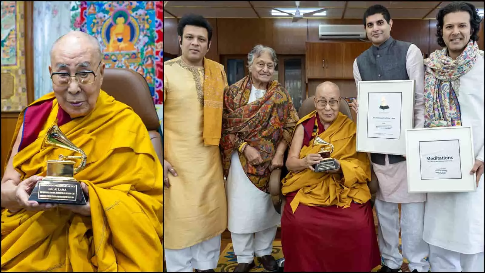 धर्मशाला में ग्रैमी ट्रॉफी और प्रमाण पत्र हाथ में लिए बैठे हुए दलाई लामा और साथ खड़े संगीतकार।