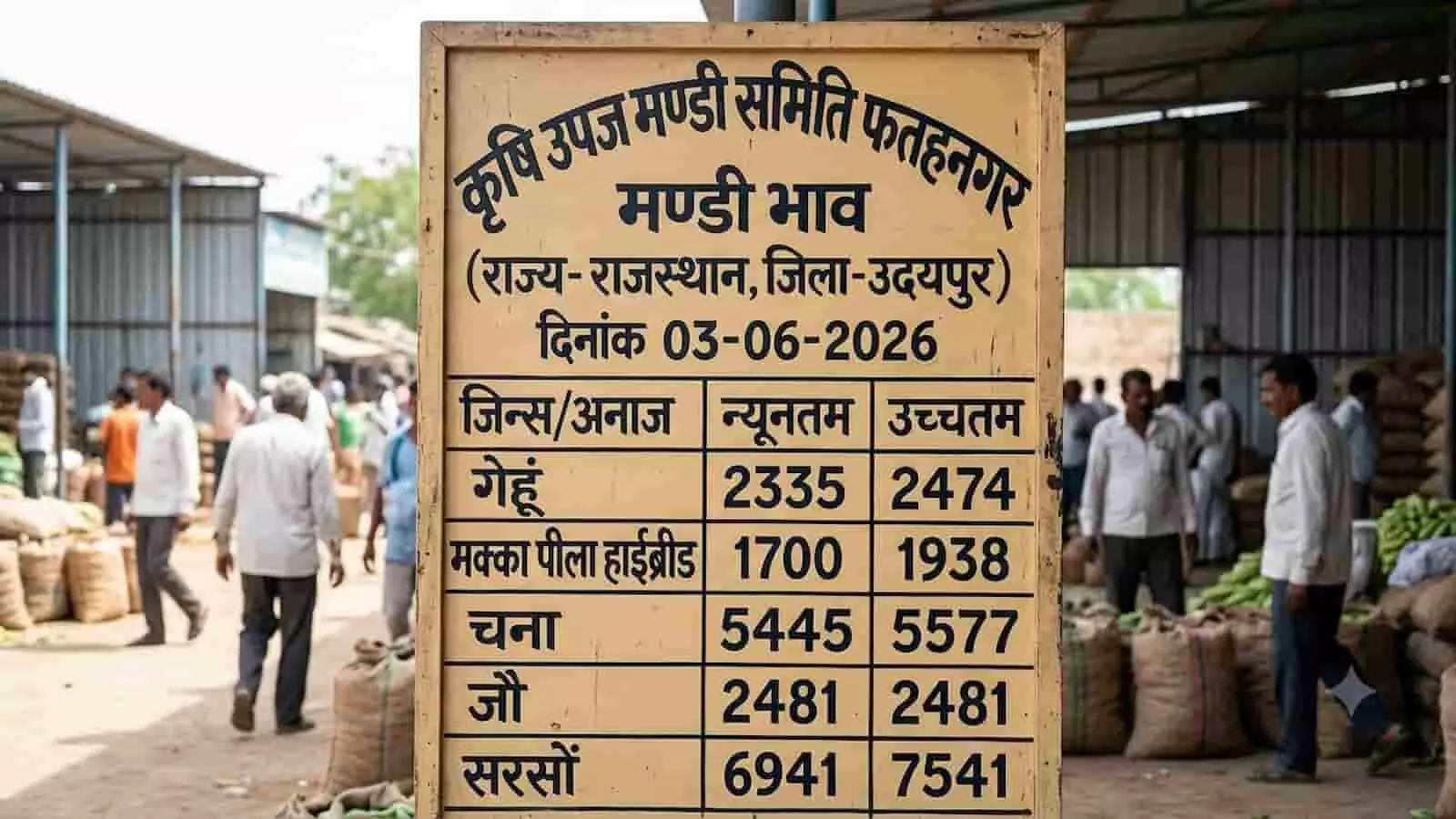 फतहनगर मंडी में 3 जून 2026 को फसलों के आधिकारिक न्यूनतम और अधिकतम मूल्य बोर्ड पर प्रदर्शित।