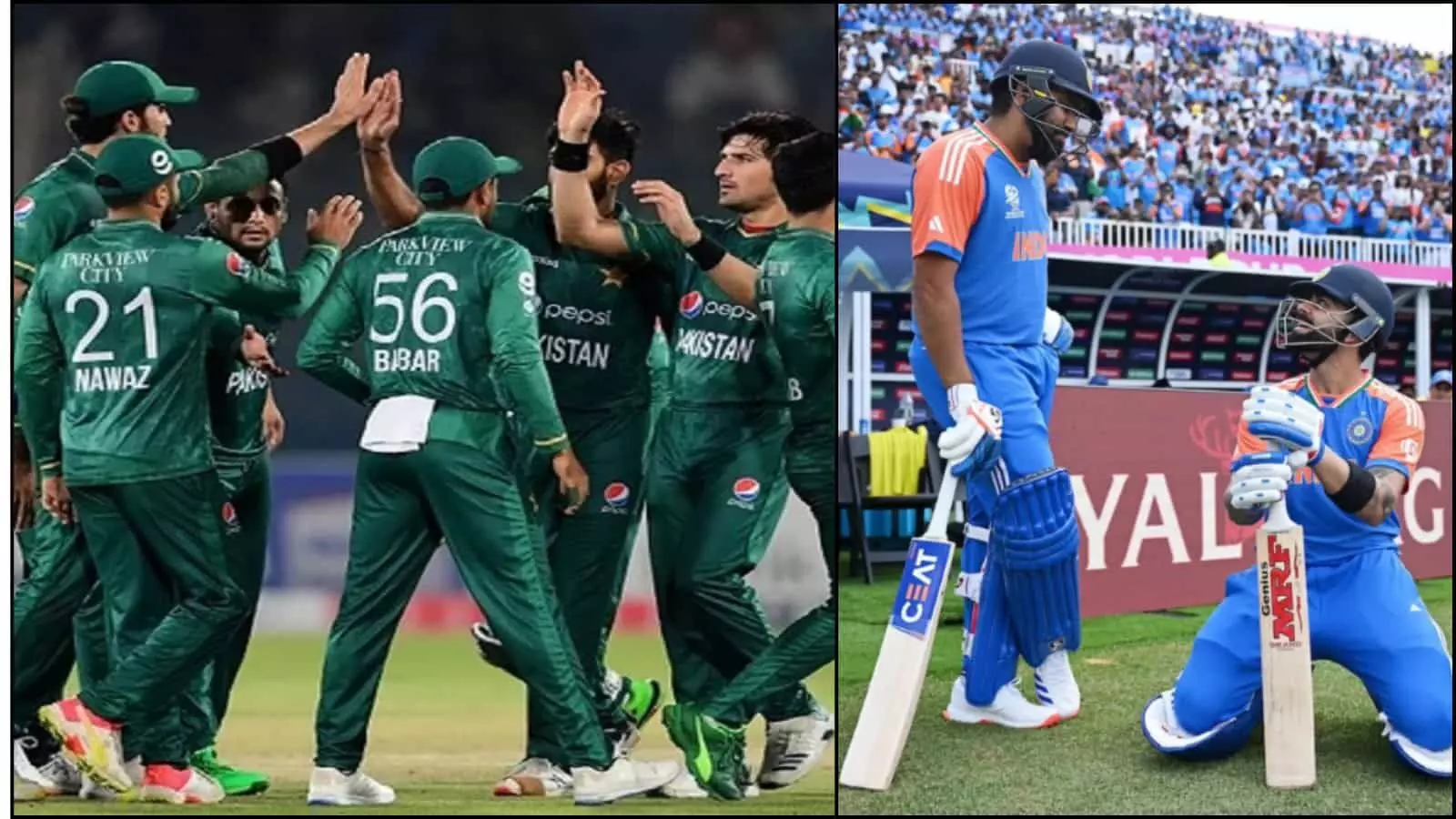 क्रिकेट मैदान पर जश्न मनाते पाकिस्तानी खिलाड़ी और दूसरी तरफ खड़े रोहित शर्मा व विराट कोहली दिखाई दे रहे हैं।