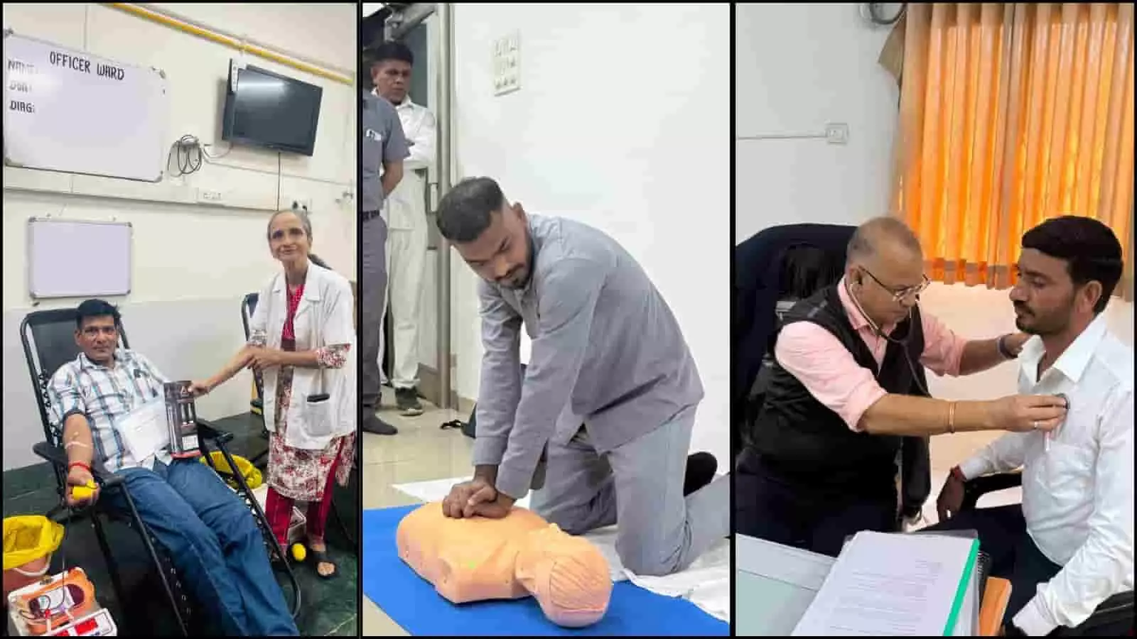 रेलवे अस्पताल अहमदाबाद में चिकित्सा शिविर और आपदा प्रबंधन का प्रशिक्षण लेते कर्मचारी। रेलवे अस्पताल अहमदाबाद में चिकित्सा शिविर और आपदा प्रबंधन का प्रशिक्षण लेते कर्मचारी।
