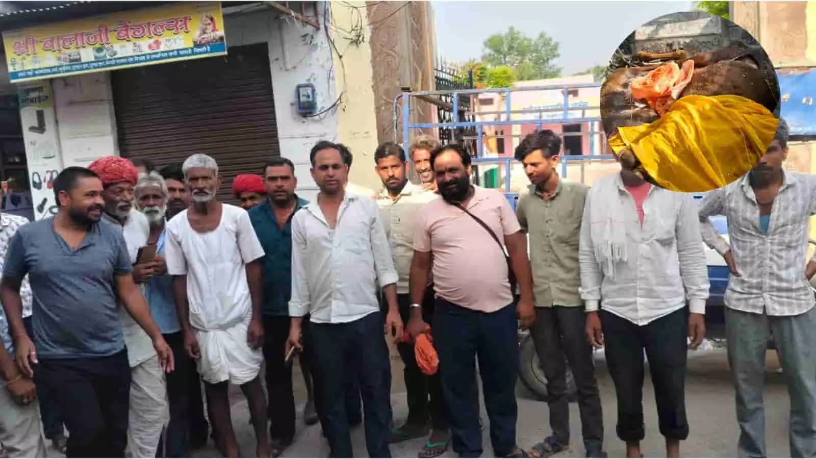 स्थानीय नागरिक आकोला नगरपालिका कार्यालय के बाहर बछड़ों की मौत के विरोध में प्रदर्शन करते हुए।