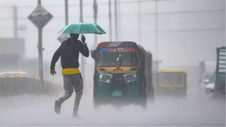 तेज बारिश के बीच सड़क पर छाता लेकर चलता हुआ व्यक्ति और सामने से आता हुआ ऑटो रिक्शा।