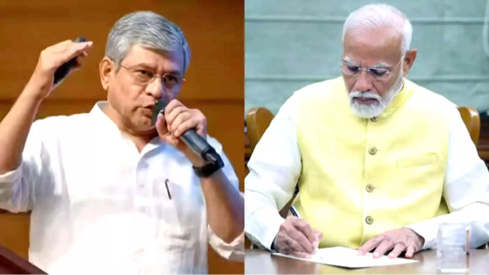 एक संयुक्त चित्र में सरकारी प्रेस कॉन्फ्रेंस में बोलते अश्विनी वैष्णव और कार्यालय में दस्तावेज लिखते प्रधानमंत्री नरेंद्र मोदी। एक संयुक्त चित्र में सरकारी प्रेस कॉन्फ्रेंस में बोलते अश्विनी वैष्णव और कार्यालय में दस्तावेज लिखते प्रधानमंत्री नरेंद्र मोदी।